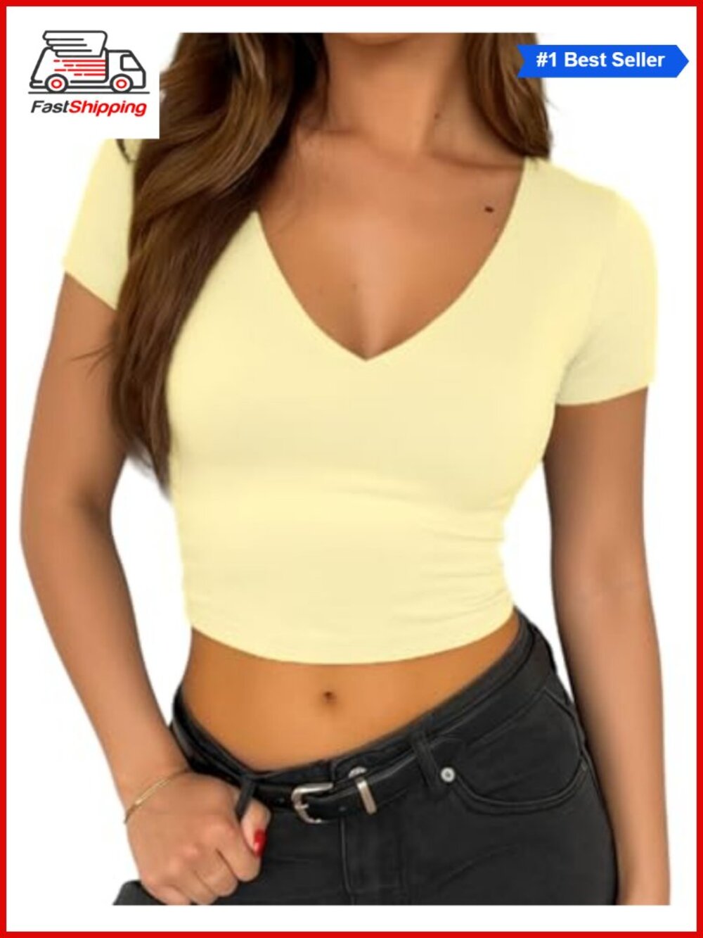 ✨ Womens Double Lined Short Sleeve V Neck Crop Top Slim Fitted Y2K Tee